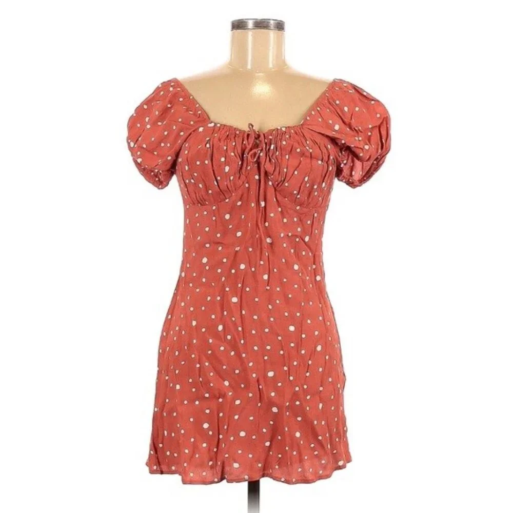 Cotton Candy LA Rust Orange & White Polka Dot Sweetheart Puff Sleeve Dress